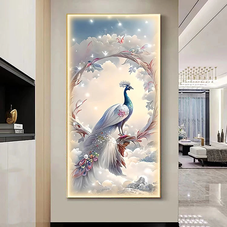 Shimmering Serenity: Crystal-Embedded Porcelain Artwork Shallow Atmosphere with Seven Horses Hanging Paintings and LED Lights