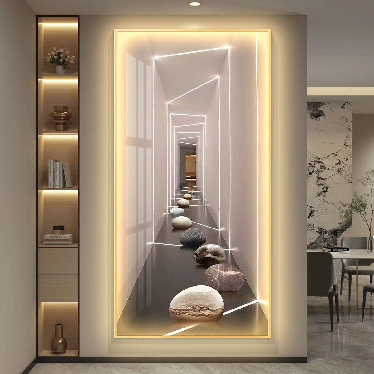 Shimmering Serenity: Crystal-Embedded Porcelain Artwork Shallow Atmosphere with Seven Horses Hanging Paintings and LED Lights
