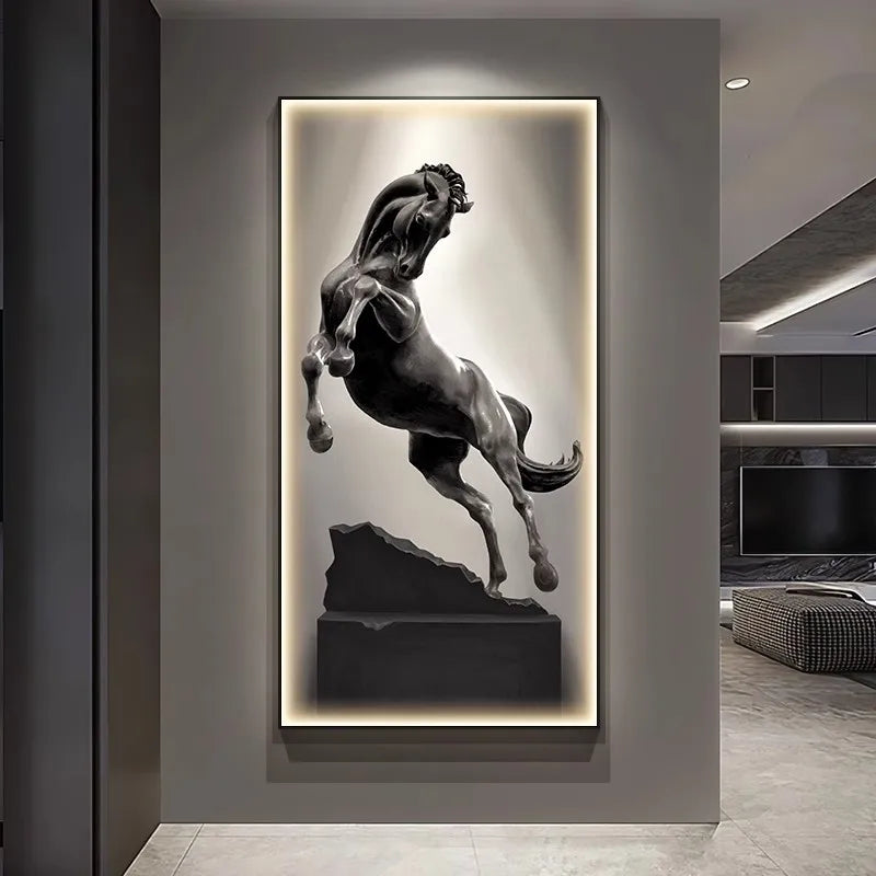 Shimmering Serenity: Crystal-Embedded Porcelain Artwork Shallow Atmosphere with Seven Horses Hanging Paintings and LED Lights