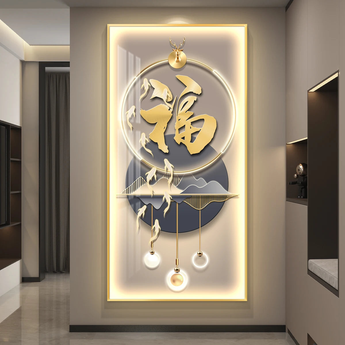 Shimmering Serenity: Crystal-Embedded Porcelain Artwork Shallow Atmosphere with Seven Horses Hanging Paintings and LED Lights