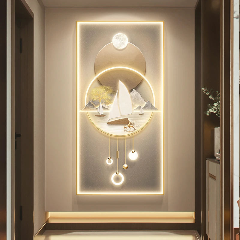 Shimmering Serenity: Crystal-Embedded Porcelain Artwork Shallow Atmosphere with Seven Horses Hanging Paintings and LED Lights