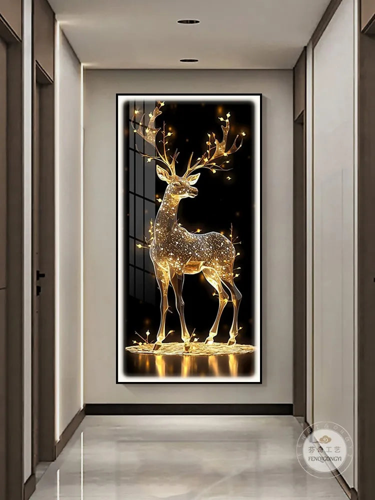 Shimmering Serenity: Crystal-Embedded Porcelain Artwork Shallow Atmosphere with Seven Horses Hanging Paintings and LED Lights