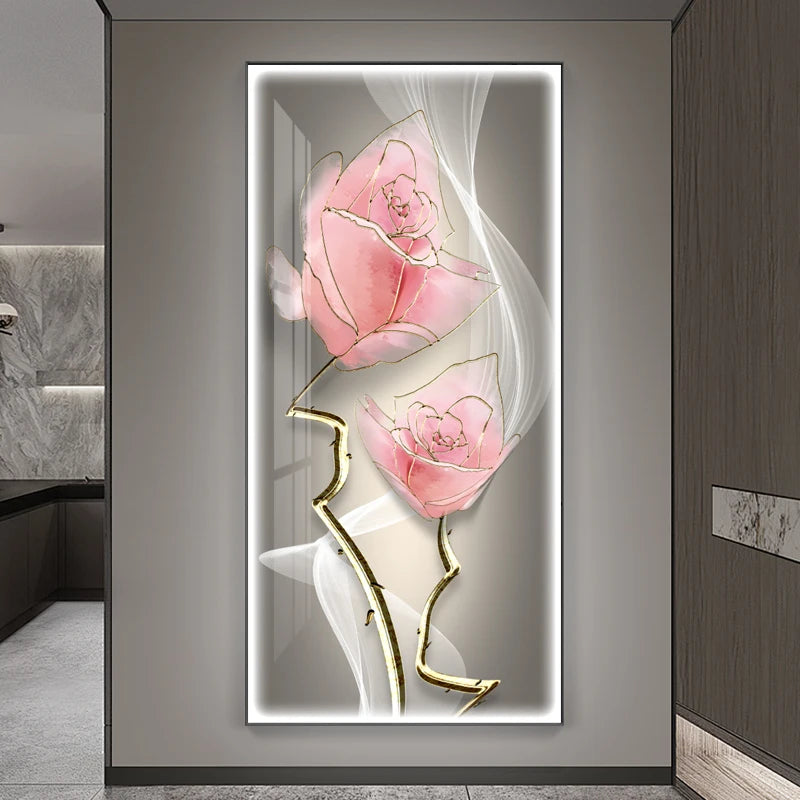 Shimmering Serenity: Crystal-Embedded Porcelain Artwork Shallow Atmosphere with Seven Horses Hanging Paintings and LED Lights