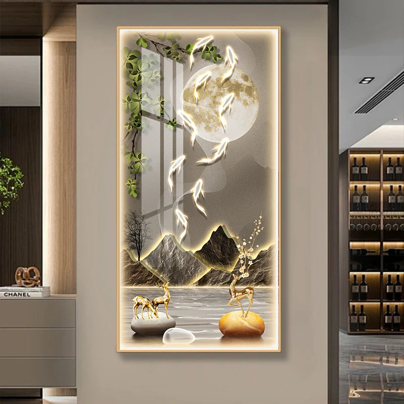 Shimmering Serenity: Crystal-Embedded Porcelain Artwork Shallow Atmosphere with Seven Horses Hanging Paintings and LED Lights