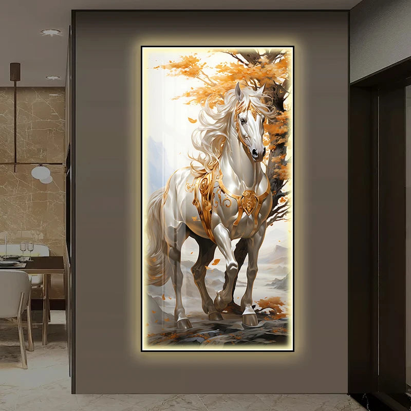 Shimmering Serenity: Crystal-Embedded Porcelain Artwork Shallow Atmosphere with Seven Horses Hanging Paintings and LED Lights
