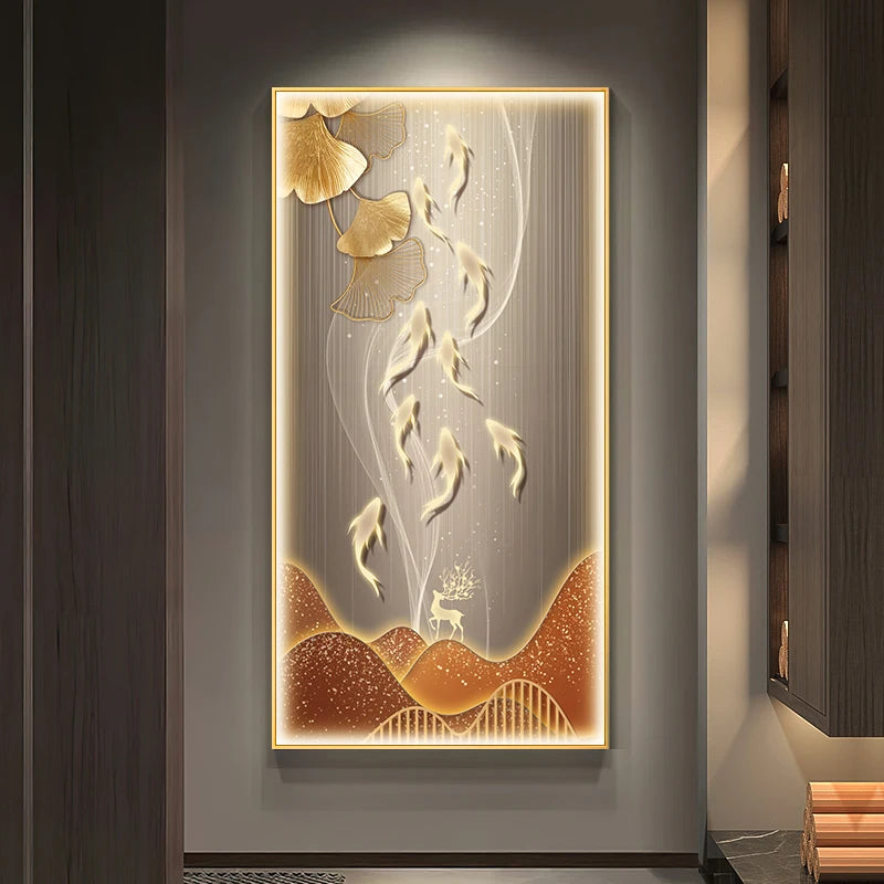 Shimmering Serenity: Crystal-Embedded Porcelain Artwork Shallow Atmosphere with Seven Horses Hanging Paintings and LED Lights