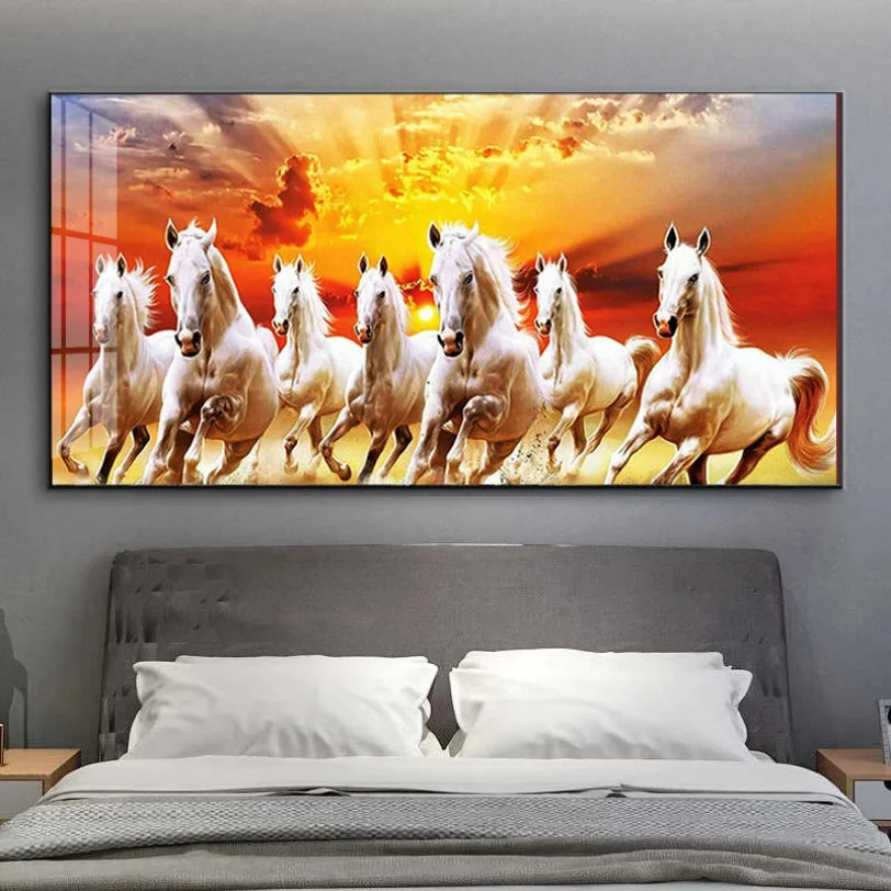 Shimmering Serenity: Crystal-Embedded Porcelain Artwork Shallow Atmosphere with Seven Horses Hanging Paintings and LED Lights