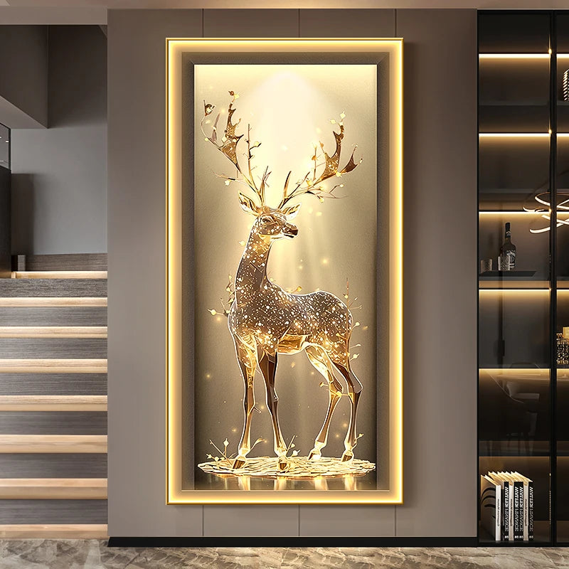 Shimmering Serenity: Crystal-Embedded Porcelain Artwork Shallow Atmosphere with Seven Horses Hanging Paintings and LED Lights