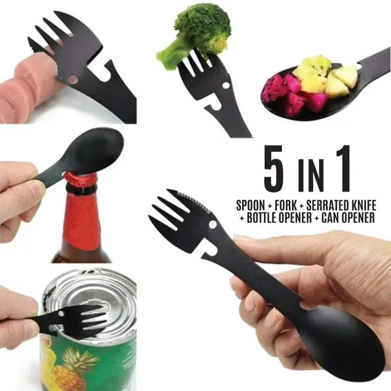 5 in 1 Outdoor Survival Tool Kit Multi-functional Fork Spoon Knife Bottle Opener Camping Hiking Gear EDC