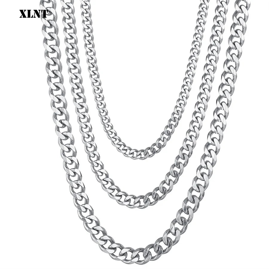 1 piece Size 3.6mm-9mm Men's Necklace Stainless Steel Cuban Link Chain Bracelet Necklace Steel Color Male Jewelry
