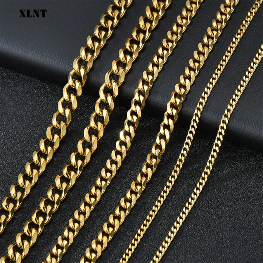 1 piece Size 3.6mm-9mm Men's Necklace Stainless Steel Cuban Link Chain Bracelet Necklace Steel Color Male Jewelry