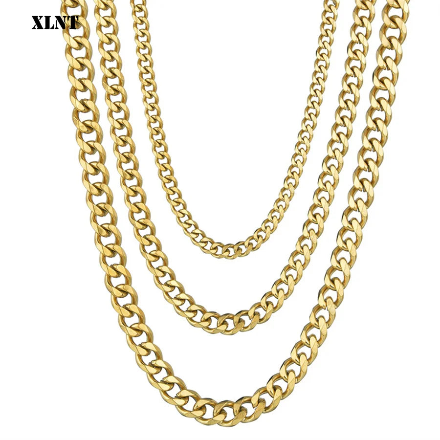 1 piece Size 3.6mm-9mm Men's Necklace Stainless Steel Cuban Link Chain Bracelet Necklace Steel Color Male Jewelry