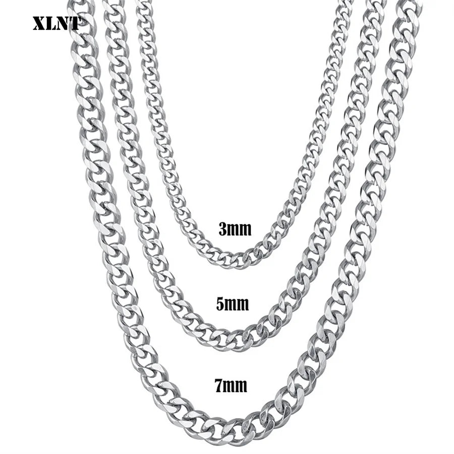 1 piece Size 3.6mm-9mm Men's Necklace Stainless Steel Cuban Link Chain Bracelet Necklace Steel Color Male Jewelry